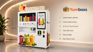 YumBoxs commercial smoothie vending machine with 21.5-inch touchscreen and dimensions