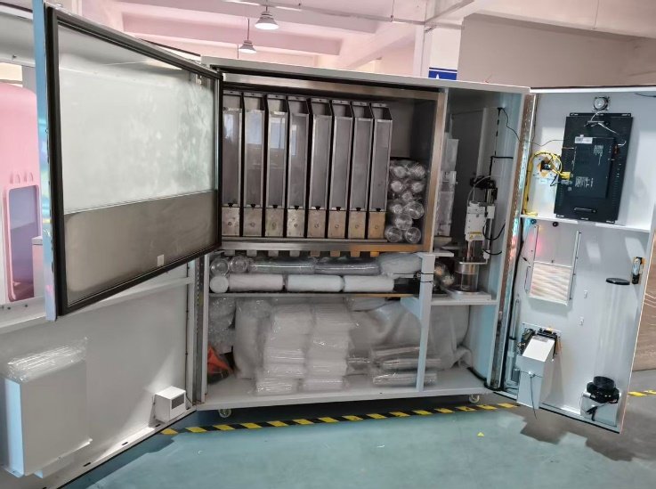 Cups and consumables securely packed inside a slush vending machine before shipment